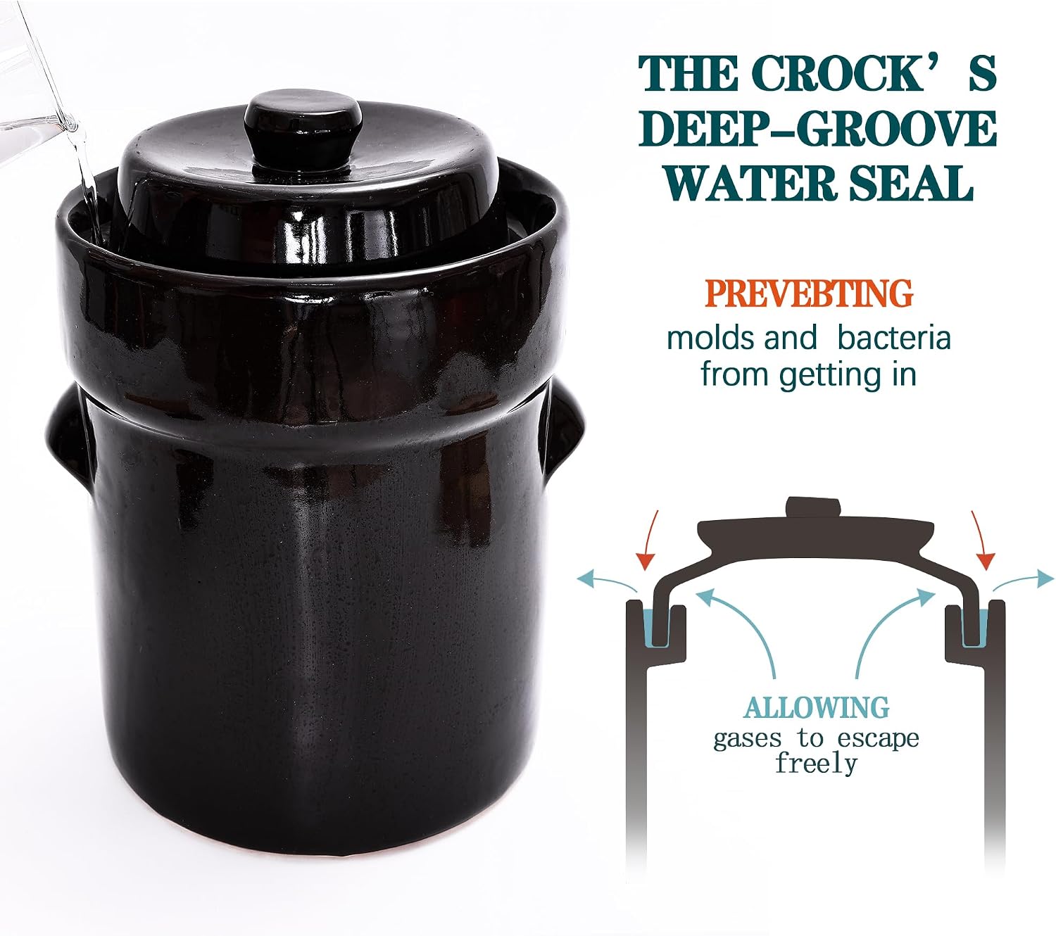 Fermentation Crock Jar 2 Liter/0.5 Gallon - Stoneware Pot for Fermenting, Pickling Kimchi, Pickles, Vegetables