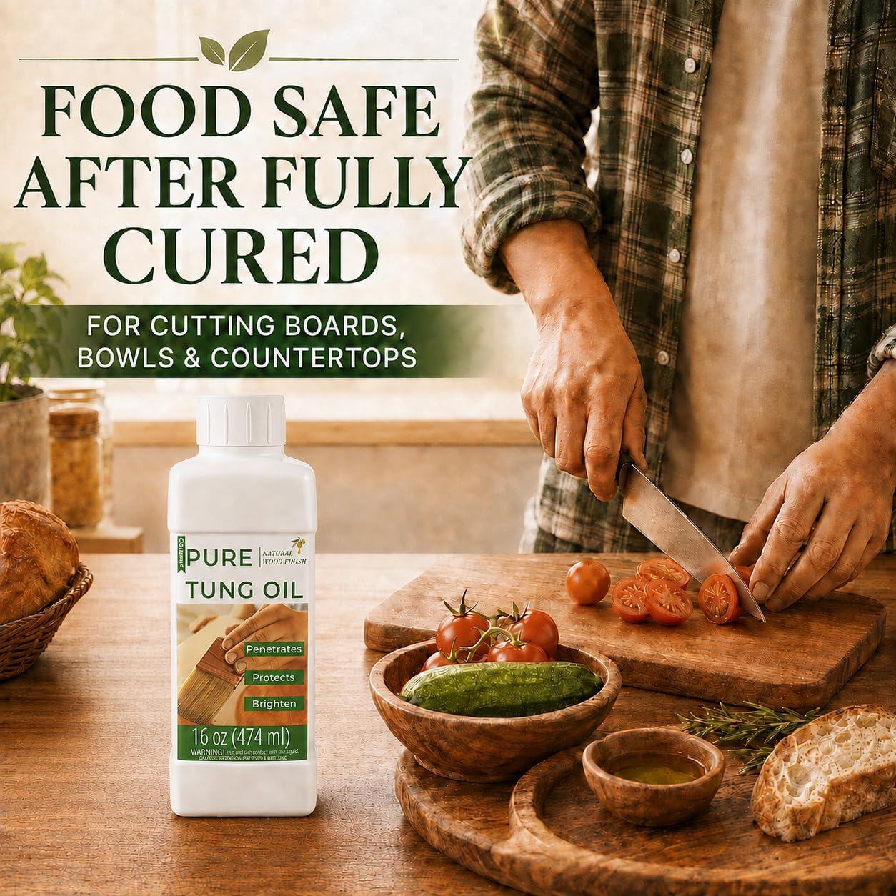 16oz 100% Pure Tung Oil, Food Safe Waterproof Wood Finish with Easy Cloth | Deep-penetrating wood sealer enhances