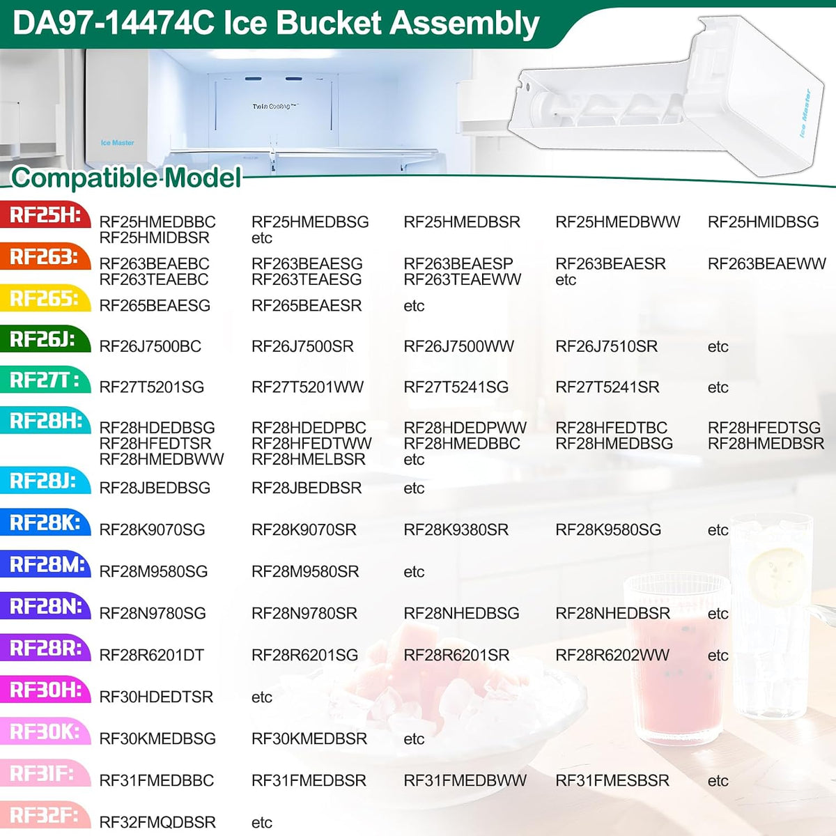 Upgraded DA97-14474A DA97-14474C DA97-12604D Refrigerator Ice Maker Replacement Compatible with Samsung Ice Bucket Parts RF26J7500SR, RF28HFEDTSR, RF265BEAESR Ice Bin Tray W/Latch Plate