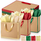 12 Pack Paper Gift Bag with Handles & Tissue, Green, Red, Gold