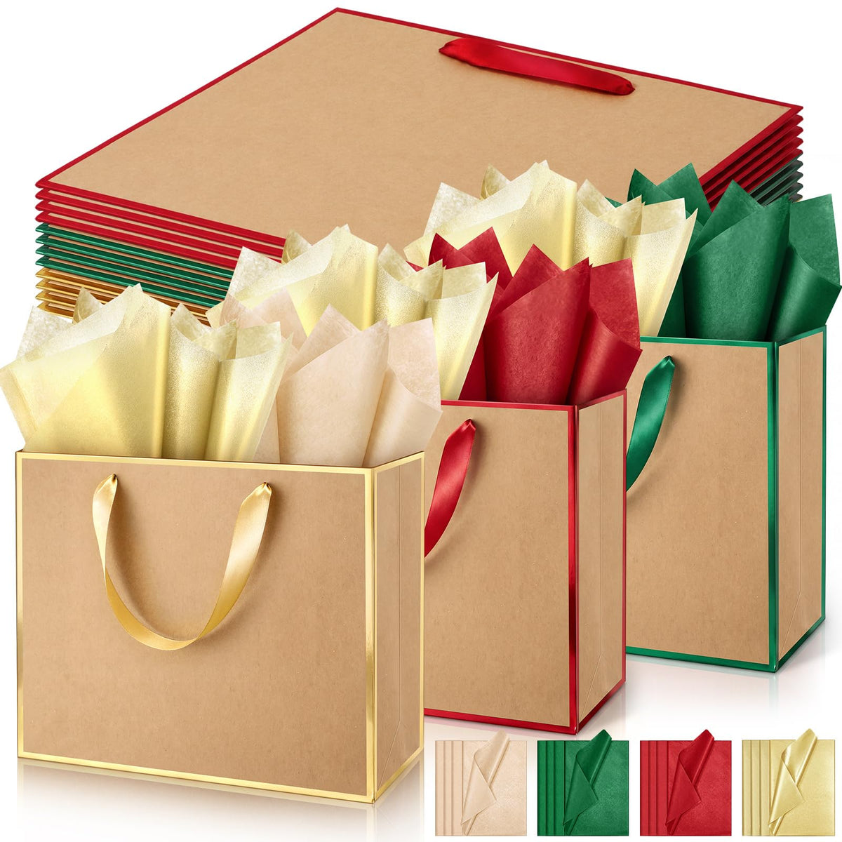 12 Pack Paper Gift Bag with Handles & Tissue, Green, Red, Gold