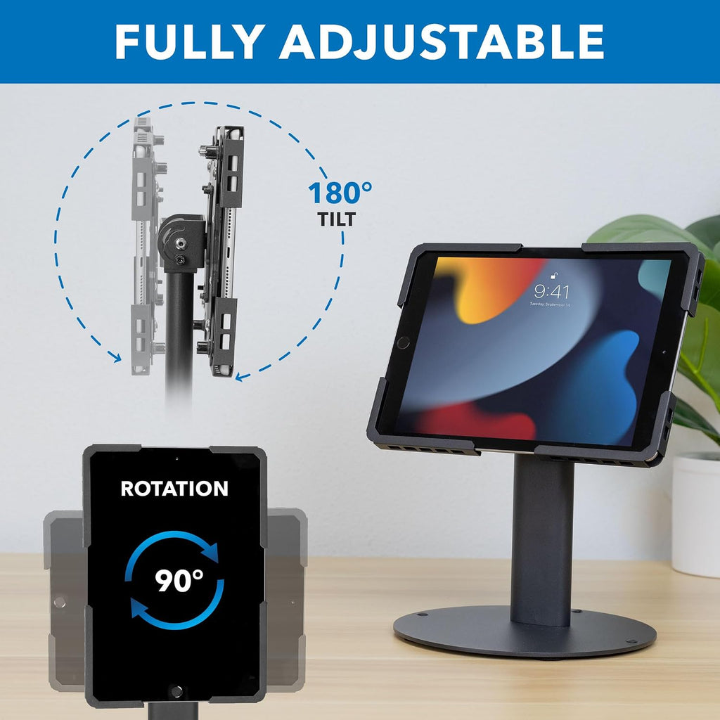 Universal Tablet Stand with Tilt, Anti-Theft Retail iPad POS Kiosk Stand, Fits 9.7"–13.1" Tablets, 90° Rotation &