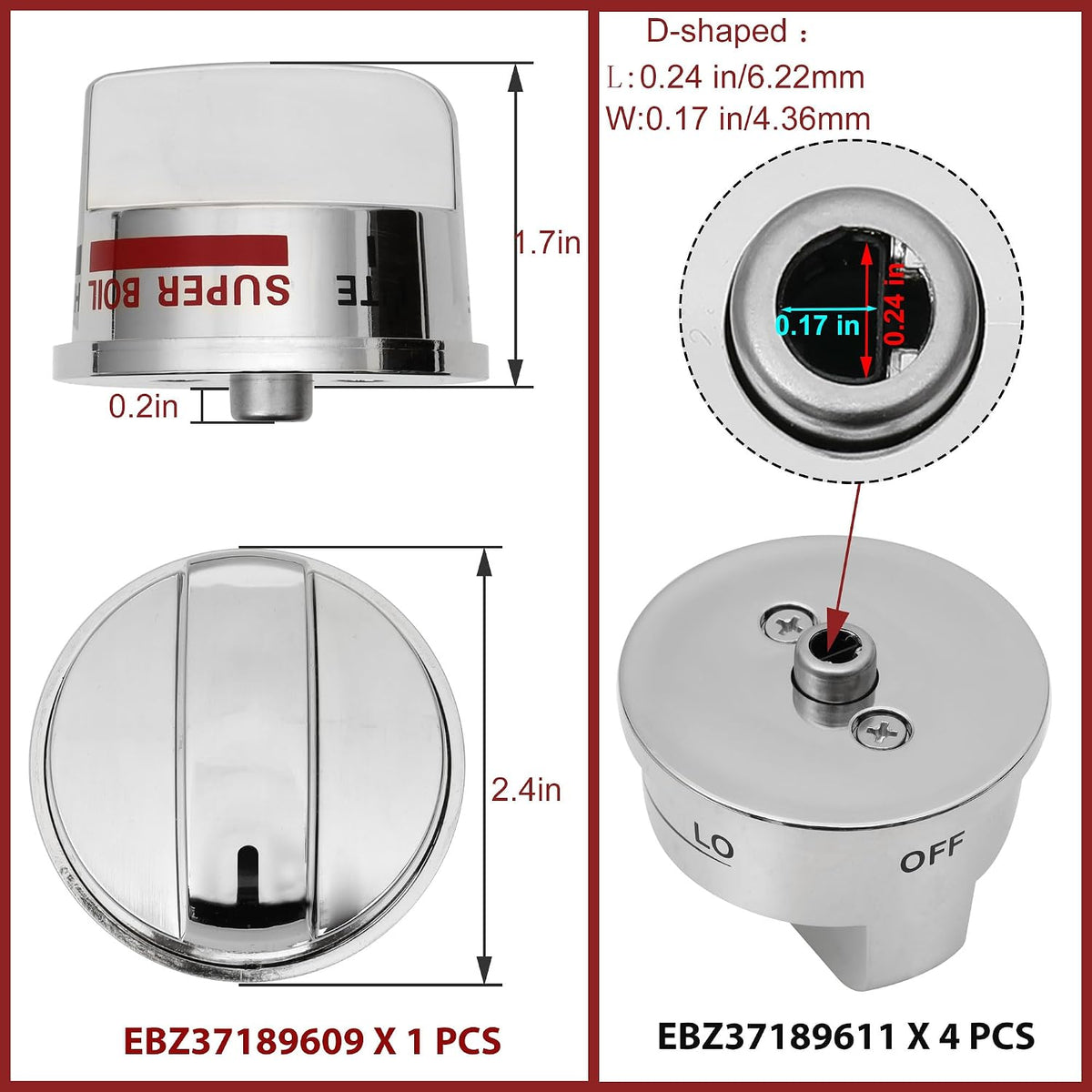 EBZ37189611(4pcs) Gas Stove Knobs EBZ37189609(1pcs) Oven Range Knob Replacements Only Fit for LG LRG30355ST/ LRG30357ST/LRG30855ST Series Burner Control Knob Replace EBZ37189601,EBZ37189602