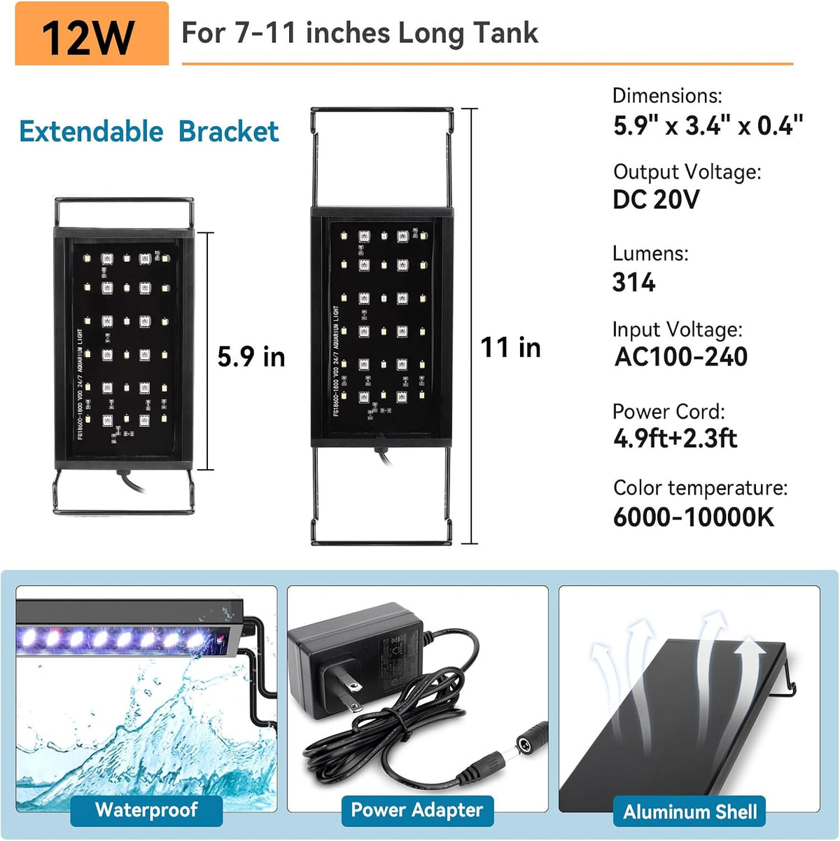 0.5-3 Gallon Small Aquarium LED Light for Fish Tank Full Spectrum Lighting with 24/7 Day-Night Cycle & Auto On/Off