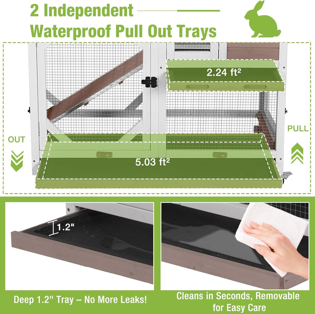 2-Story Rabbit Hutch with Chew-Proof Ramp & Leak-Proof Trays - Indoor/Outdoor 39.3" Wooden Rabbit Cage with Wheels