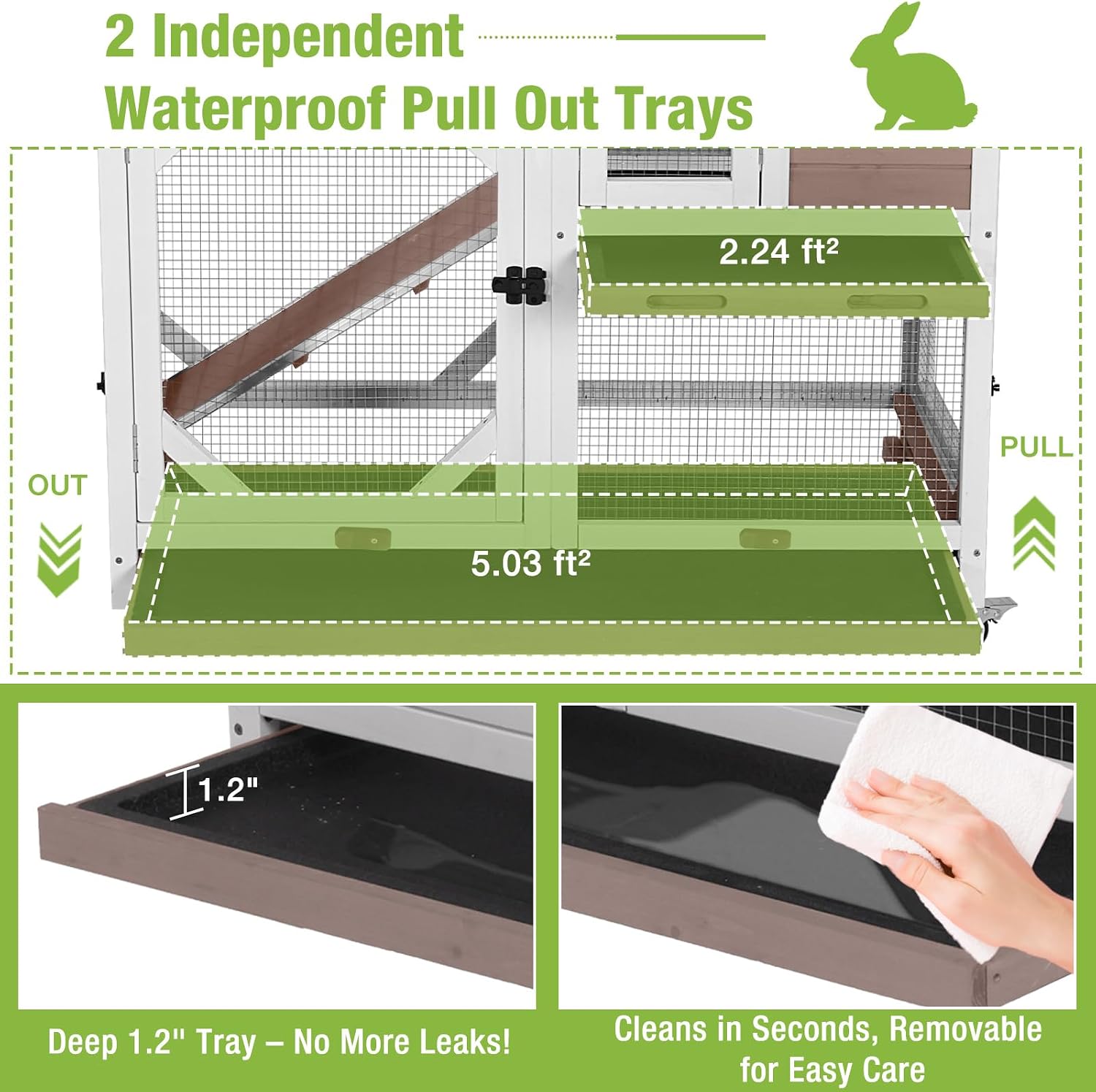 2-Story Rabbit Hutch with Chew-Proof Ramp & Leak-Proof Trays - Indoor/Outdoor 39.3" Wooden Rabbit Cage with Wheels