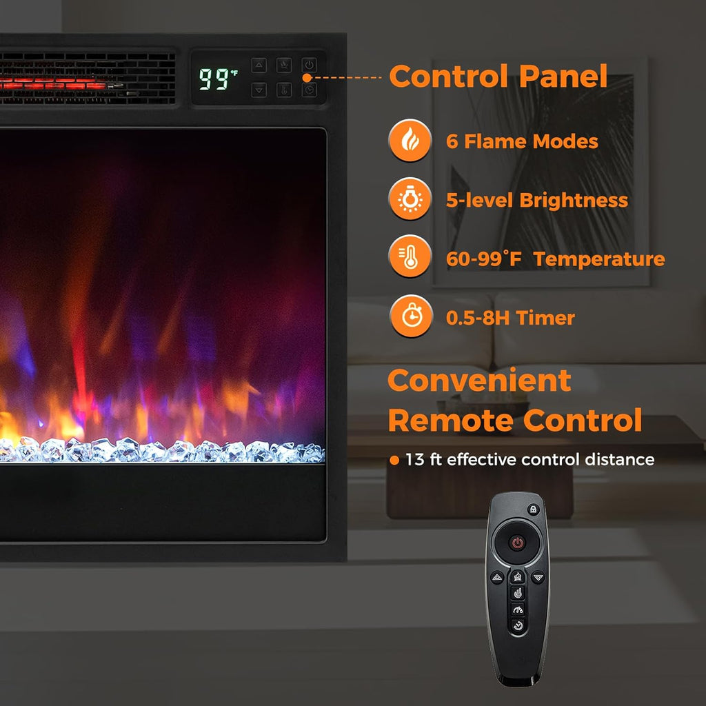 23" Electric Fireplace Inserts, 1500W Recessed Fireplace Heater with Remote Control, 6 Flame Colors & 5 Brightness