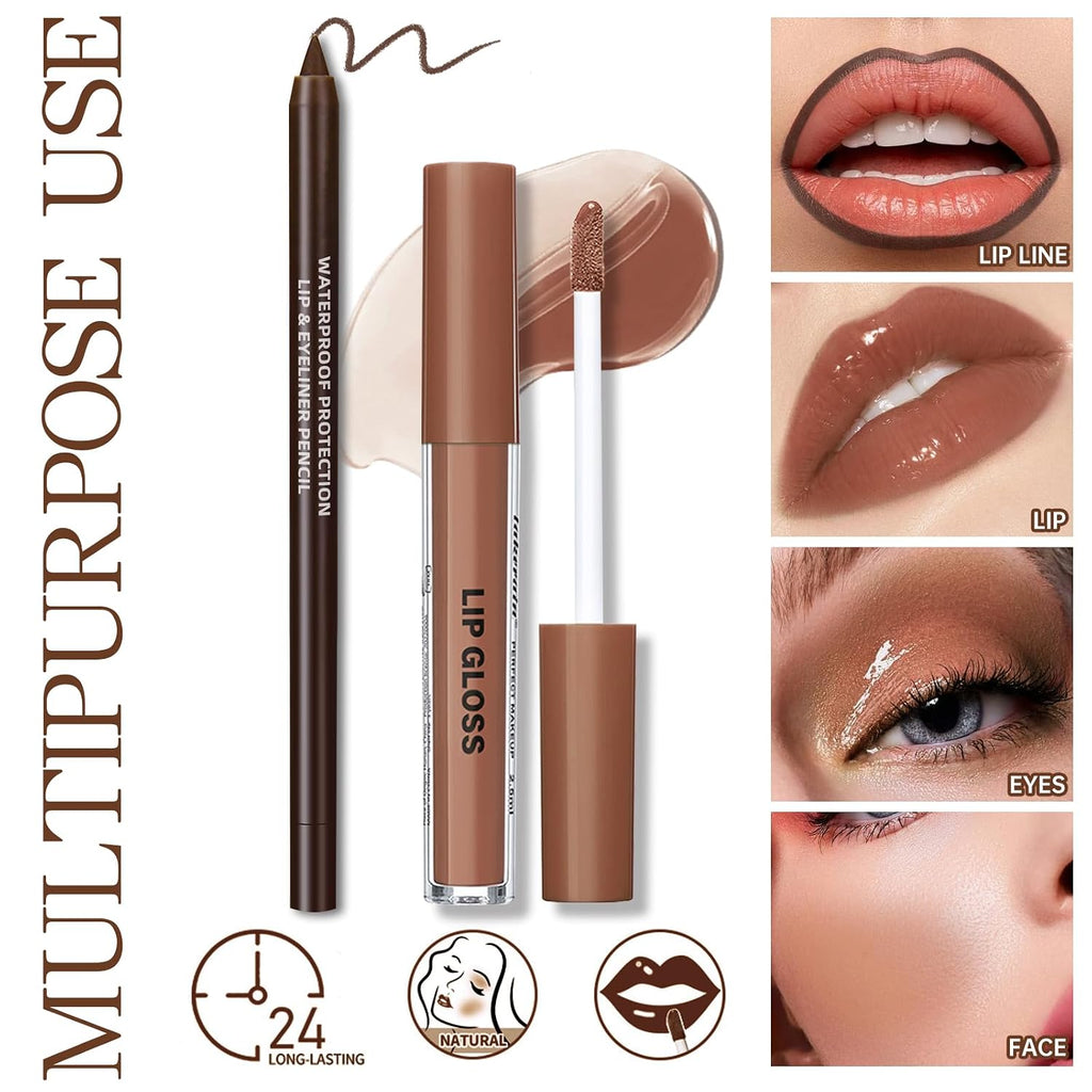 Natural Nude Lip Combo, Nourishing Lip Gloss&Brown Lip Liner Kit | Moisturizing High Shine Finish for Juicy Volume