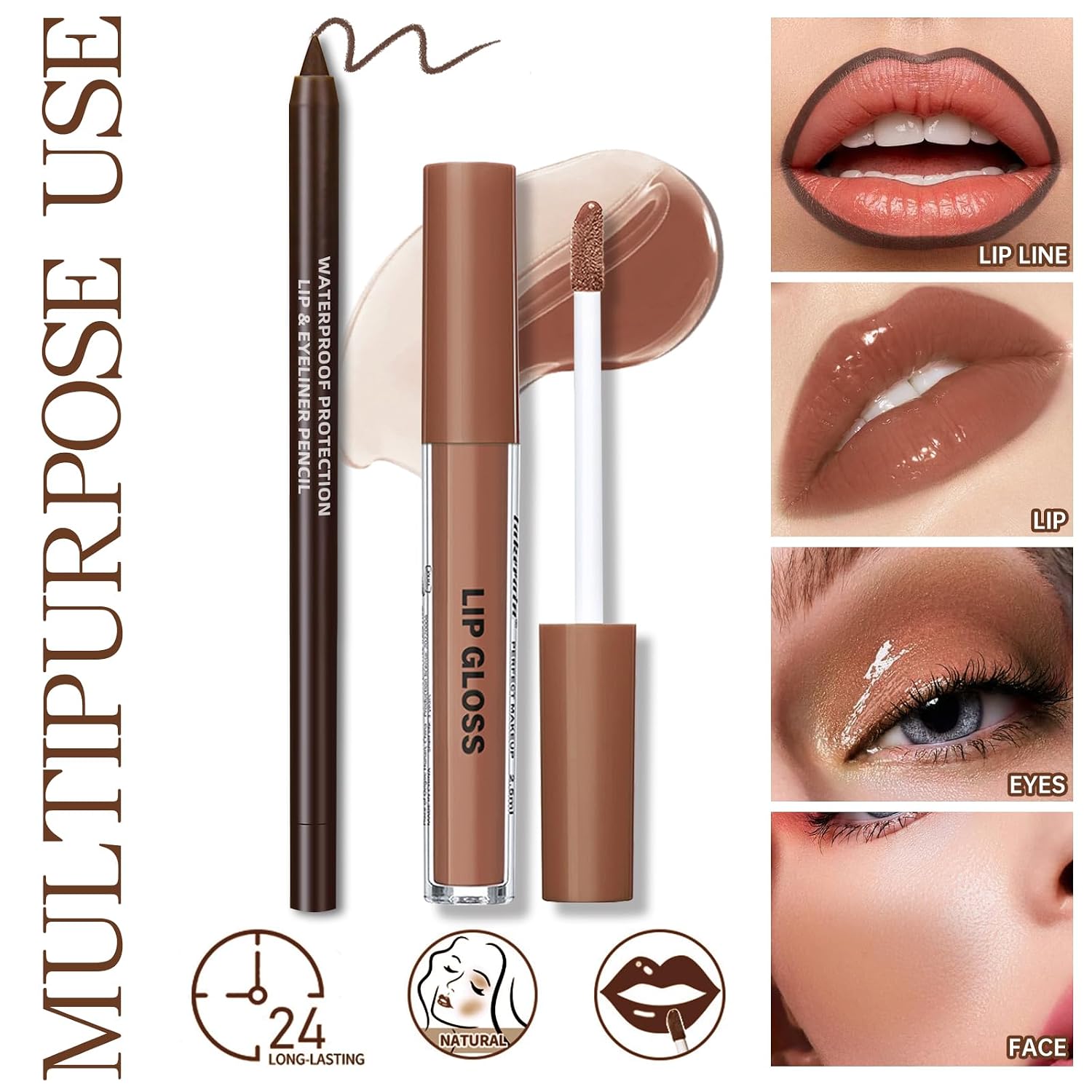 Natural Nude Lip Combo, Nourishing Lip Gloss&Brown Lip Liner Kit | Moisturizing High Shine Finish for Juicy Volume
