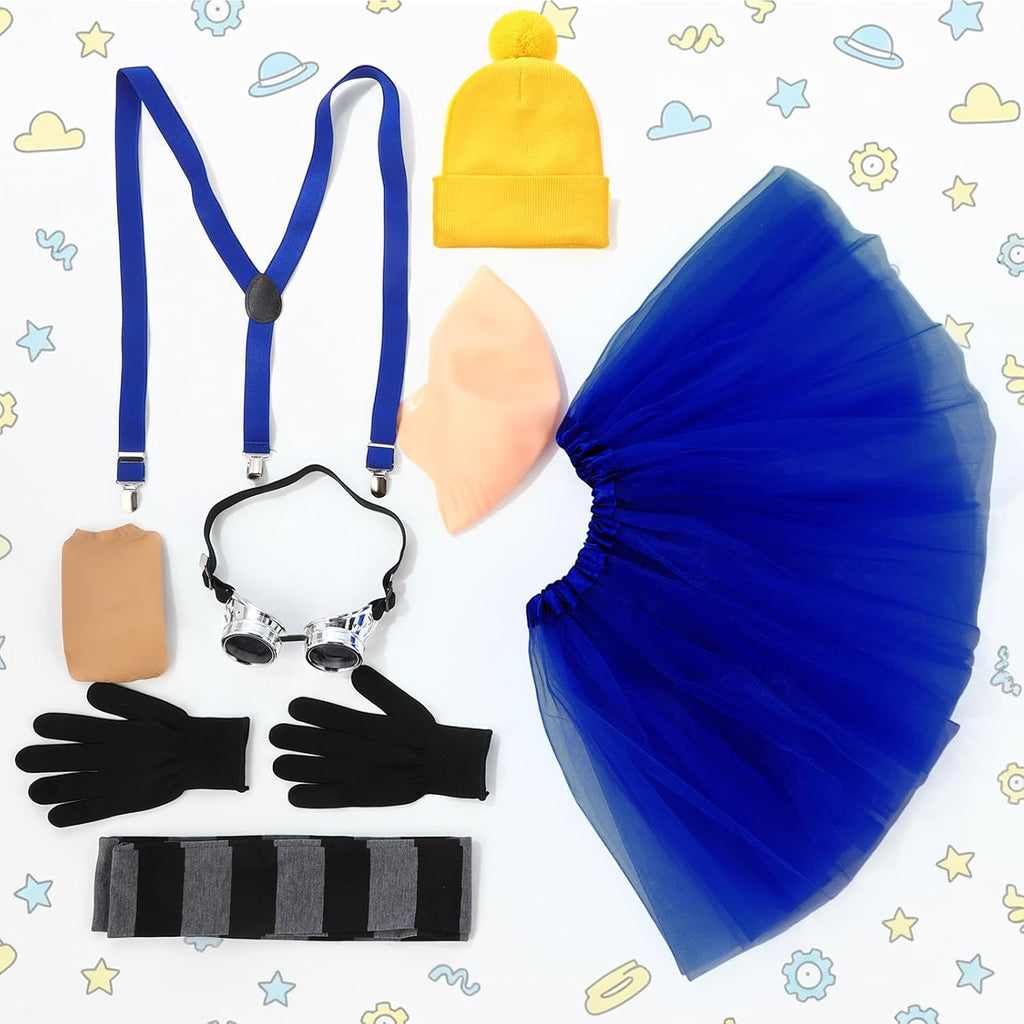 8 Pieces Halloween Costume Accessories Striped Scarf Bald Head Wig Steampunk Goggles Beanie Dress Suspenders Gloves