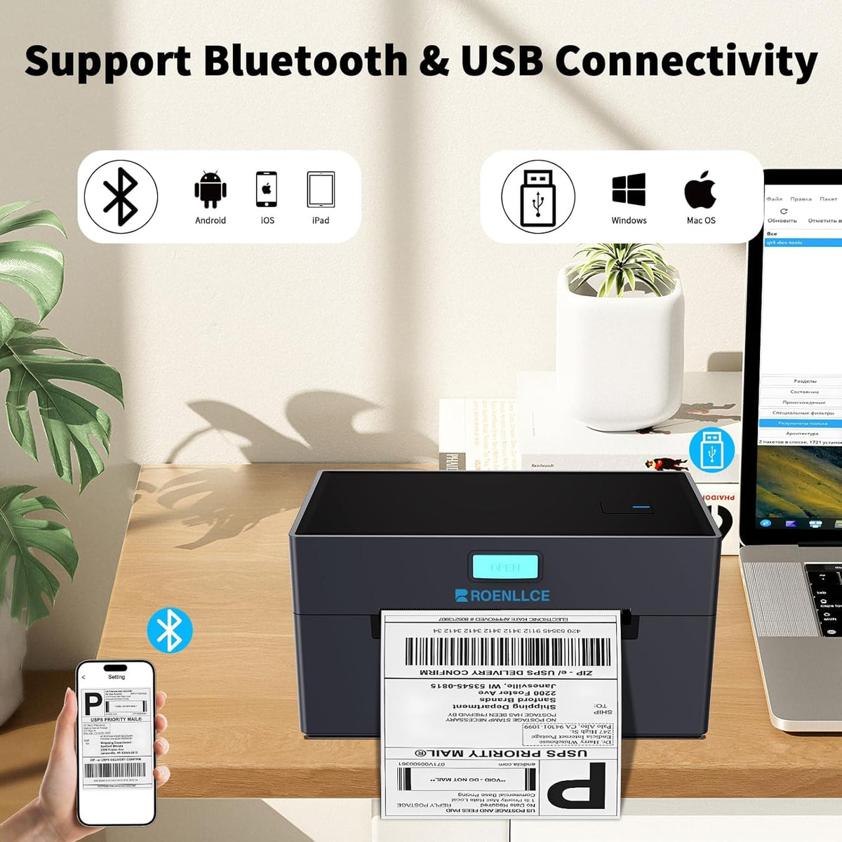 Thermal Shipping Label Printer, 4x6 Bluetooth Shipping Printer for Small Business, Compatible with Windows, Mac, iOS