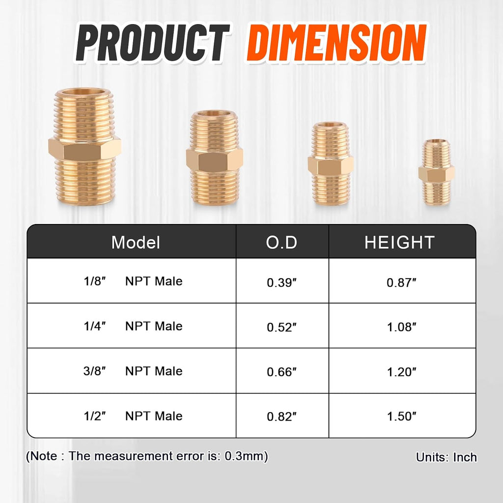 24Pcs Brass Pipe Fittings Hex Nipple Kit,1/8" 1/4" 3/8" 1/2" NPT