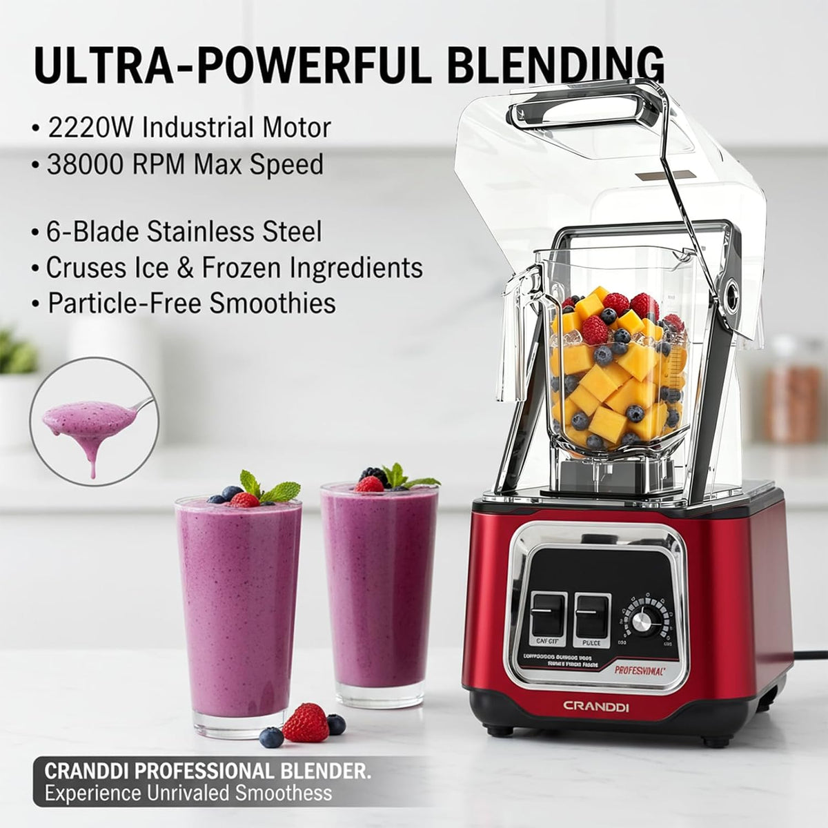 Commercial Blender, 2200W Countertop Blenders with Removable Shield, Quiet Smoothie Blender for Shakes and Ice
