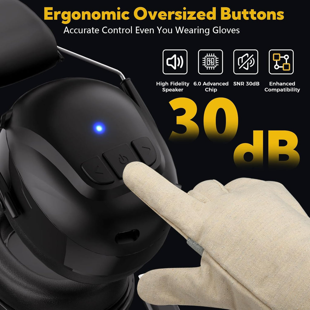 Bluetooth 6.0 Hearing Protection with 120H Working Time, 30dB Safety Earmuffs, Rechargeable Bluetooth Work