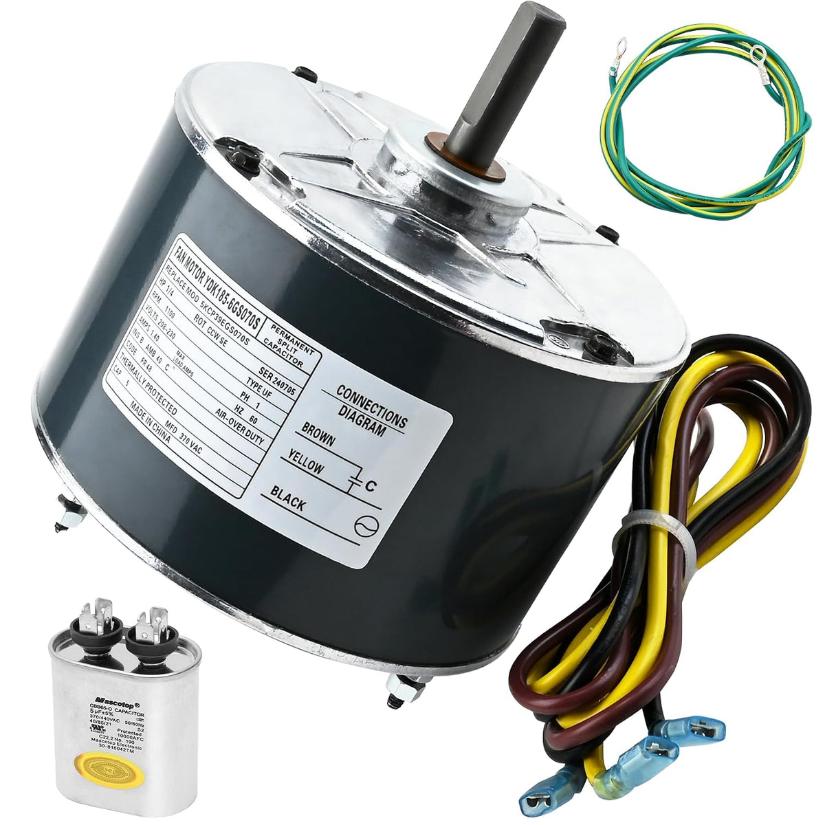 Condenser Motor Replaces Carrier # 5KCP39EGS070S, HC39GE237, 5KCP39EGY823S, Genteq GE3905, Dayton 6DLL0, Bryant Payne HC39GE234A etc AC/Air Conditioner, 1/4HP 1100 RPM with Capacitor, 3-Year Warranty