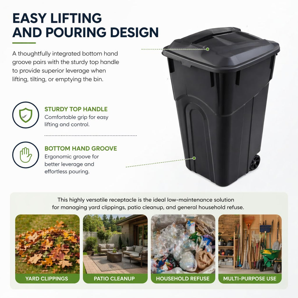 32 Gallon Wheeled Outdoor Trash Can with Attached Click-Lock Lid, Heavy Duty Plastic Garbage Bin with Rugged Wheels