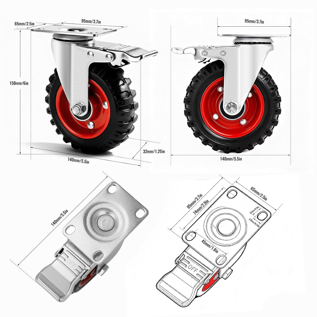 5 Inch Caster Wheels Heavy Duty, Casters Set of 4 Safety Dual Locking Rubber Wheels, Heavy Duty - 2400 Lbs Capacity