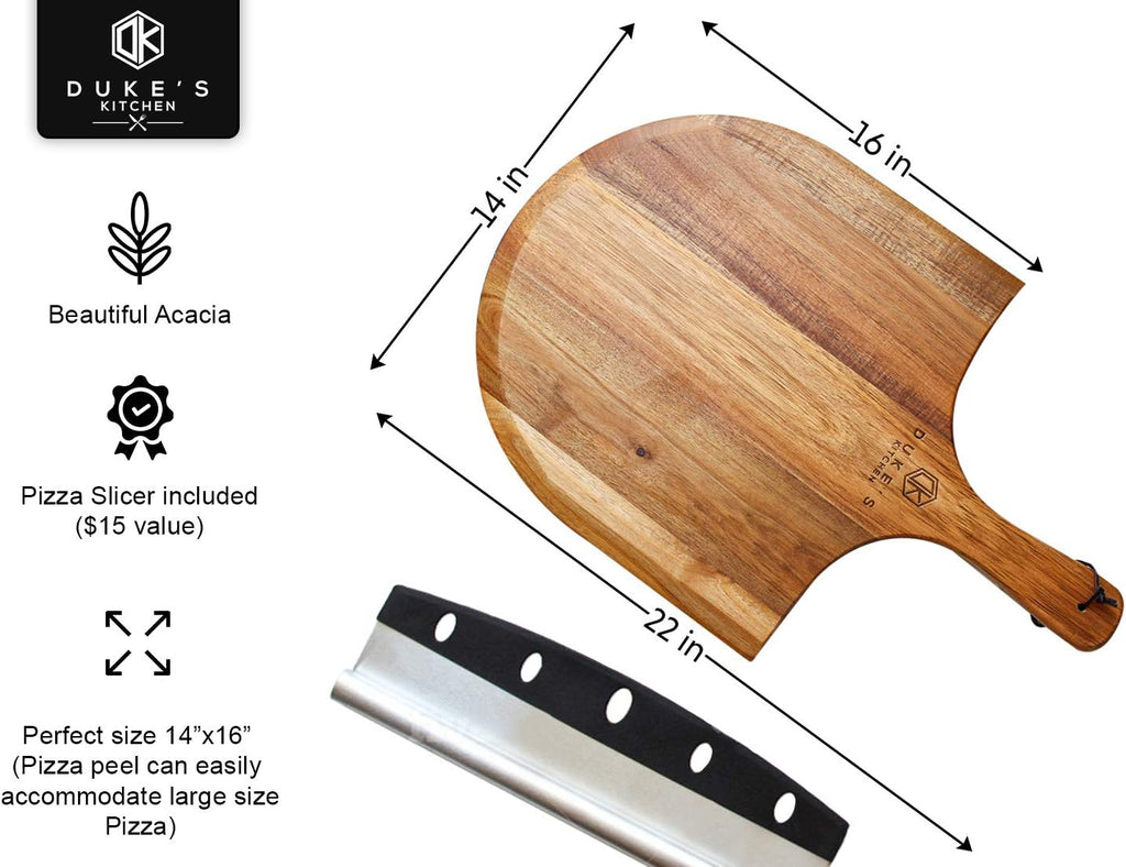 Premium Acacia Pizza Peel (Extra Large) and Rocker Blade Pizza Cutter Set, Pizza Peel 16 inch, Gourmet Wooden Pizza