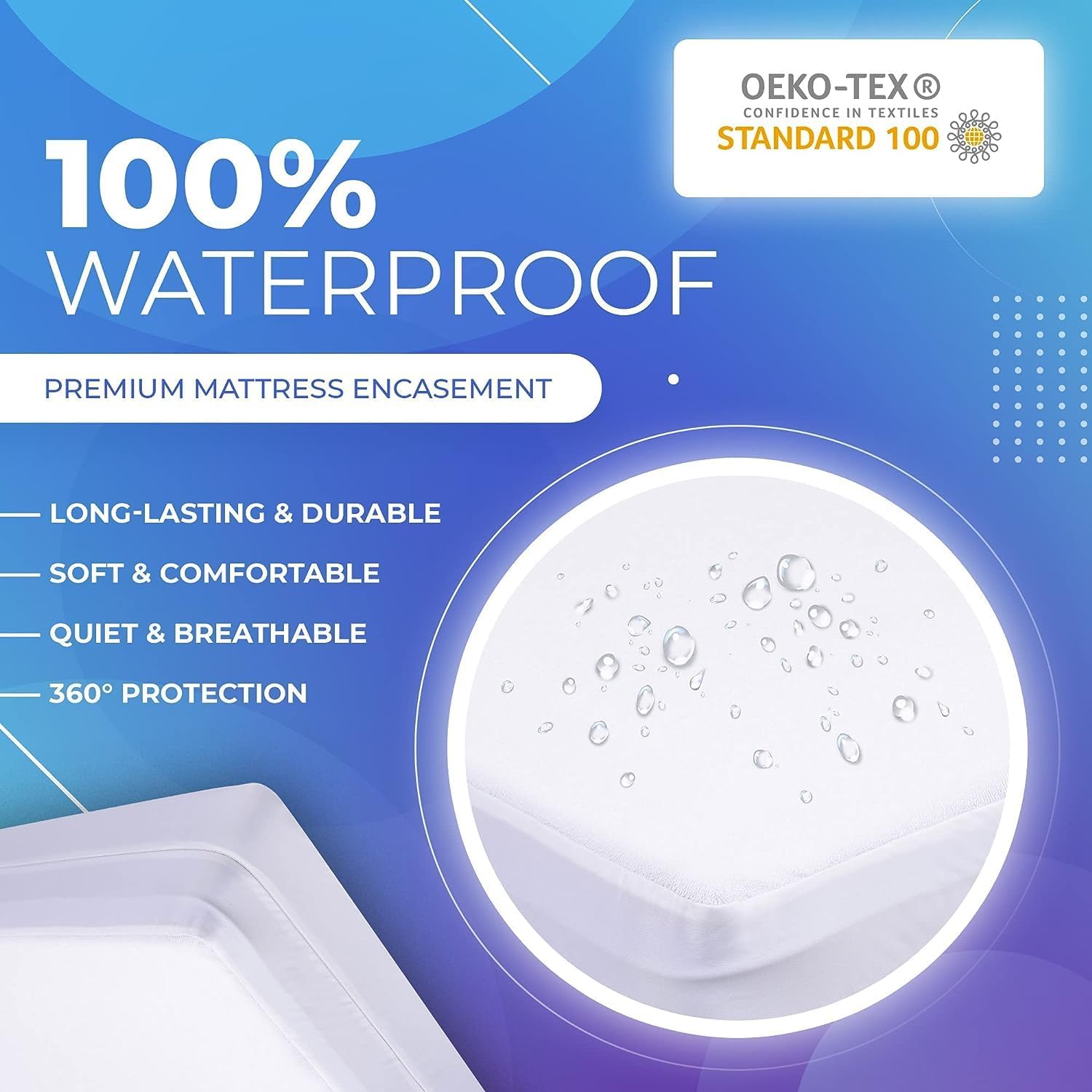 Queen Size Premium Mattress Encasement - Zippered Waterproof, Bedbug Proof Design, 6-Sided Protection