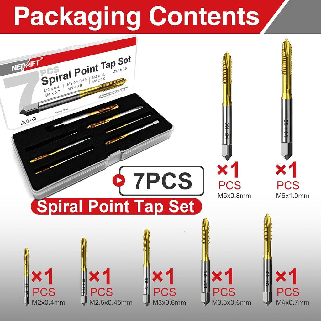 7Pcs Metric Thread Tap Set, Titanium Coated HSS 6542 Thread Milling Taps