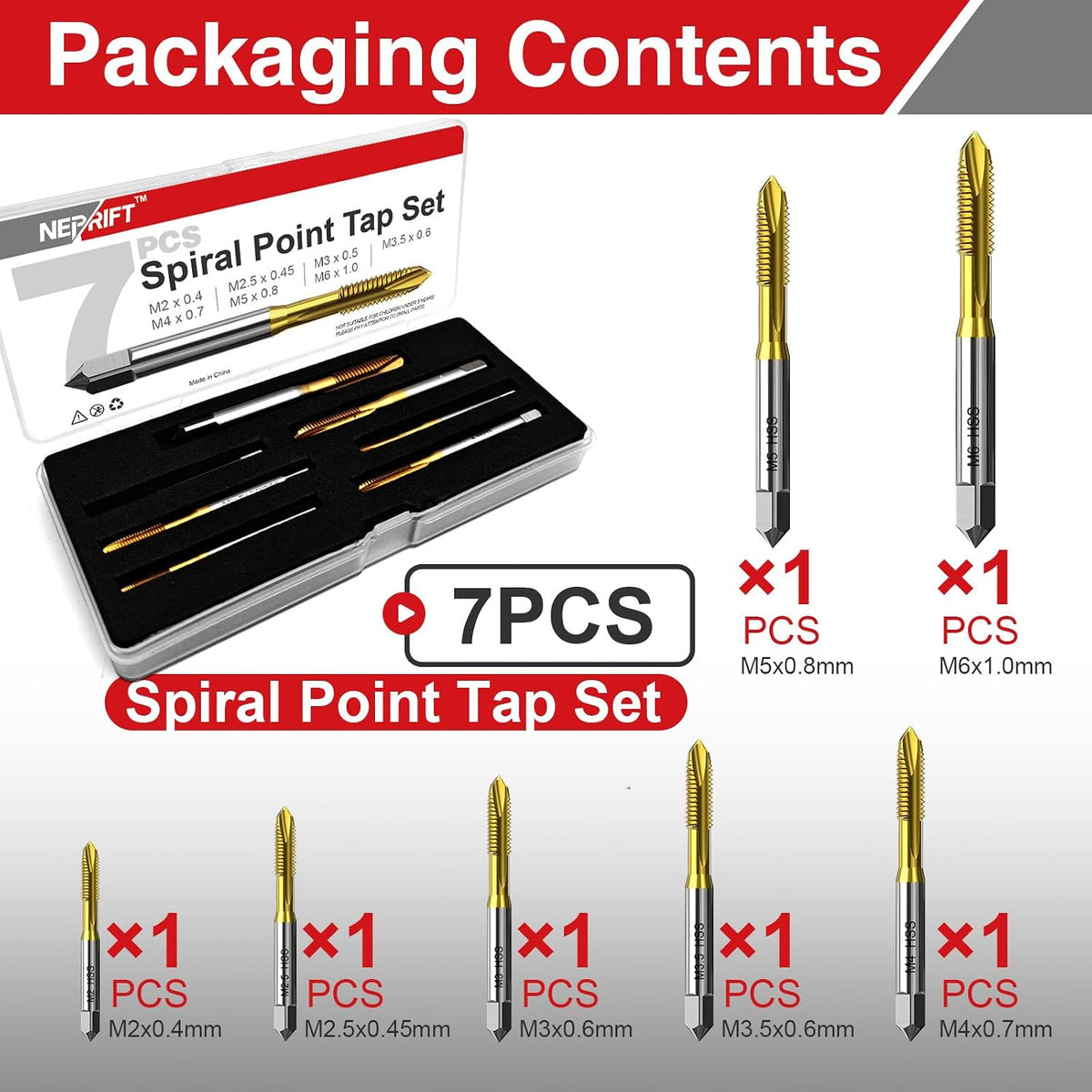 7Pcs Metric Thread Tap Set, Titanium Coated HSS 6542 Thread Milling Taps