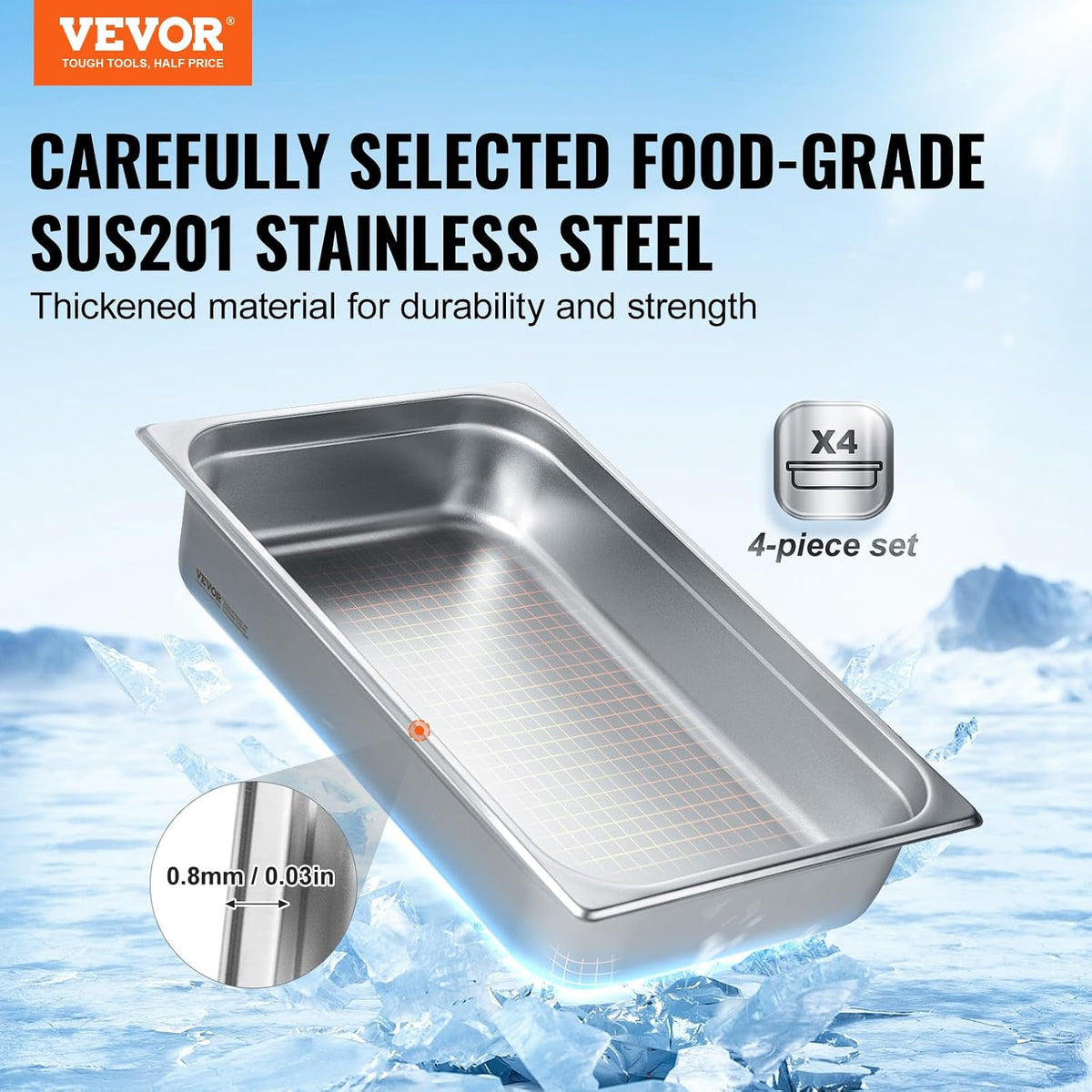 4 Pack Stainless Steel Hotel Pans with lid,Full Size 4 Inch Deep 0.8mm Thick Anti-Jam Commercial Food Pans for Steam