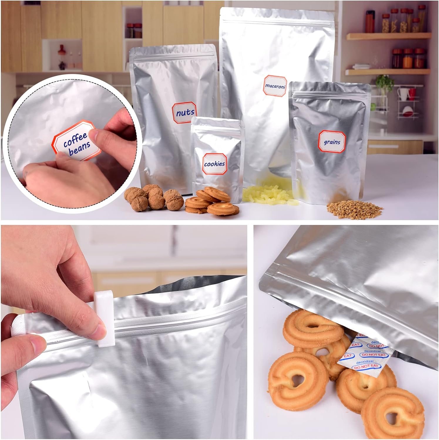 Lebodu 120 Mylar Bags with 120 x 300cc Oxygen Absorbers for Food Storage | 8 Mil, 4 Sizes (10"x14", 7.5"x11.5"
