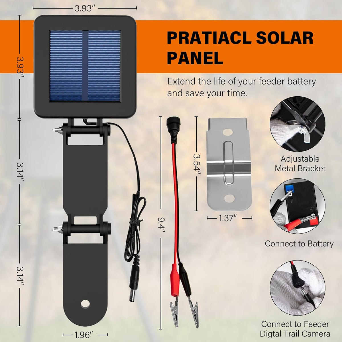 6V Solar Panel for Deer Feeder, Efficient Solar Panel Charger w/Adjustable Mounting Bracket & Alligator Clips
