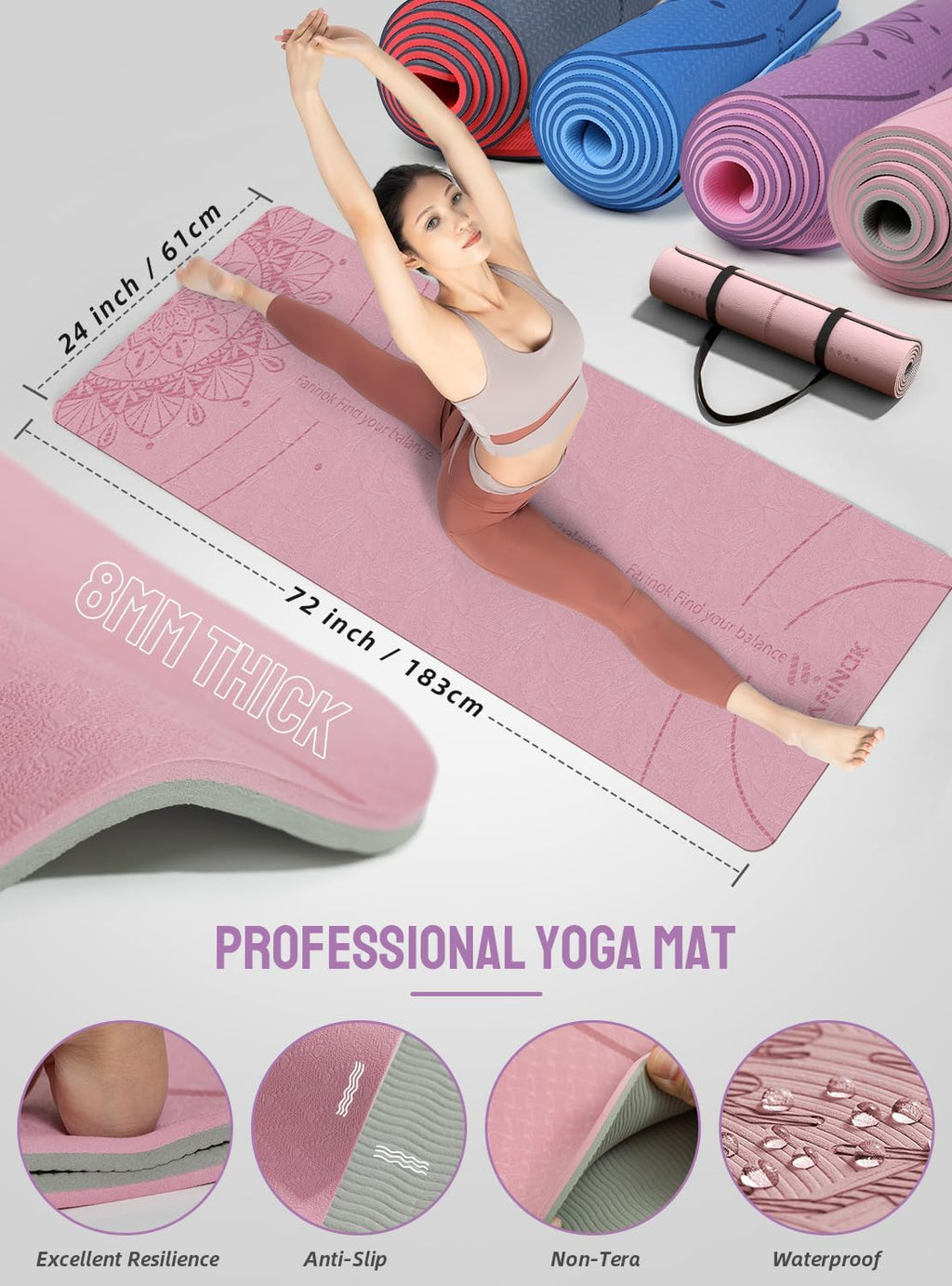 1/3 Yoga Mat Thick, Yoga Set for Beginners Include High Density Mat with Multi-loops Strap, Blocks, Booty Resistance