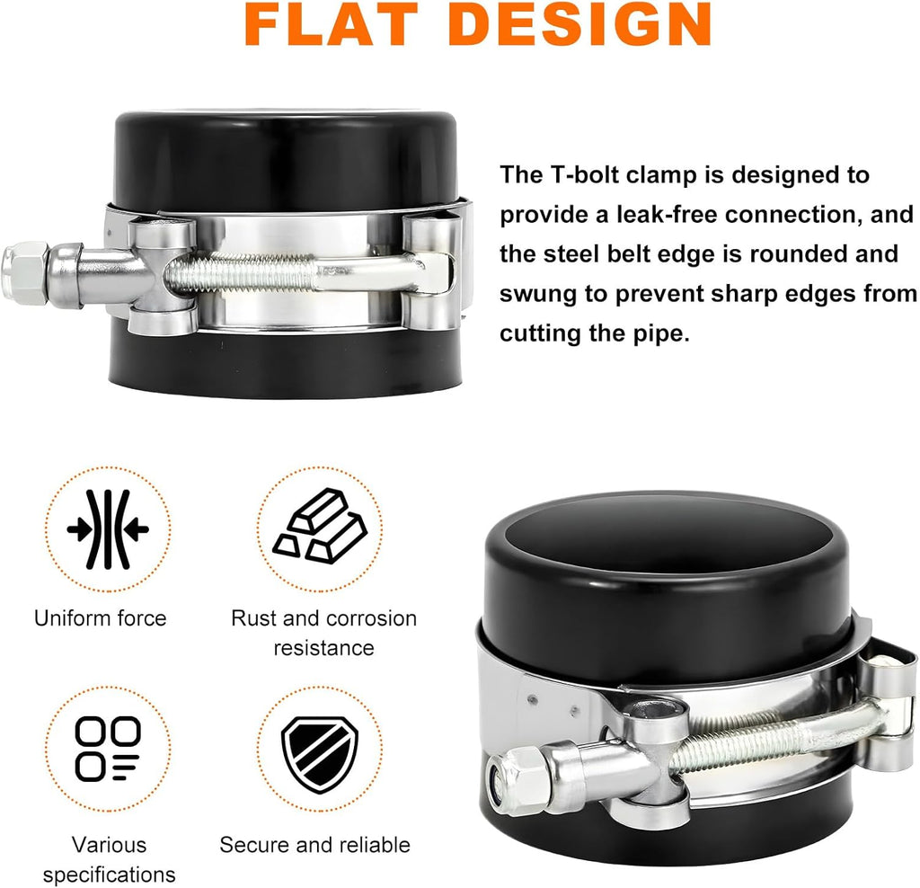 4PCS 2" T-Bolt Hose Clamp, Stainless Steel Tube Clamp with 57mm-65mm ID Range, Heavy-Duty Adjustable T-Bolt Turbo