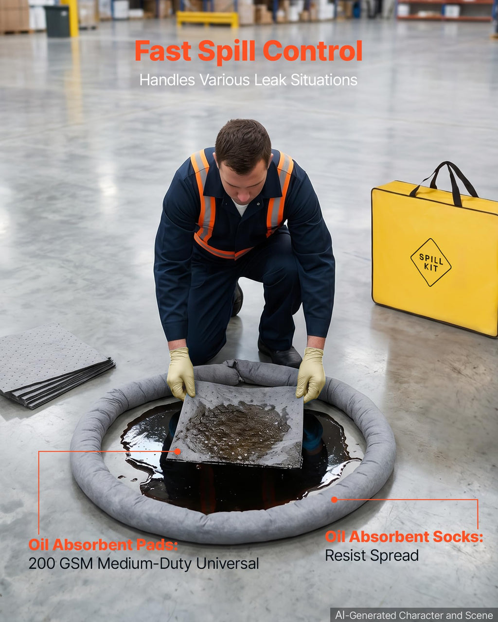 Complete Spill Absorbent Kit for Oil Water Medium-Duty Absorbing Set
