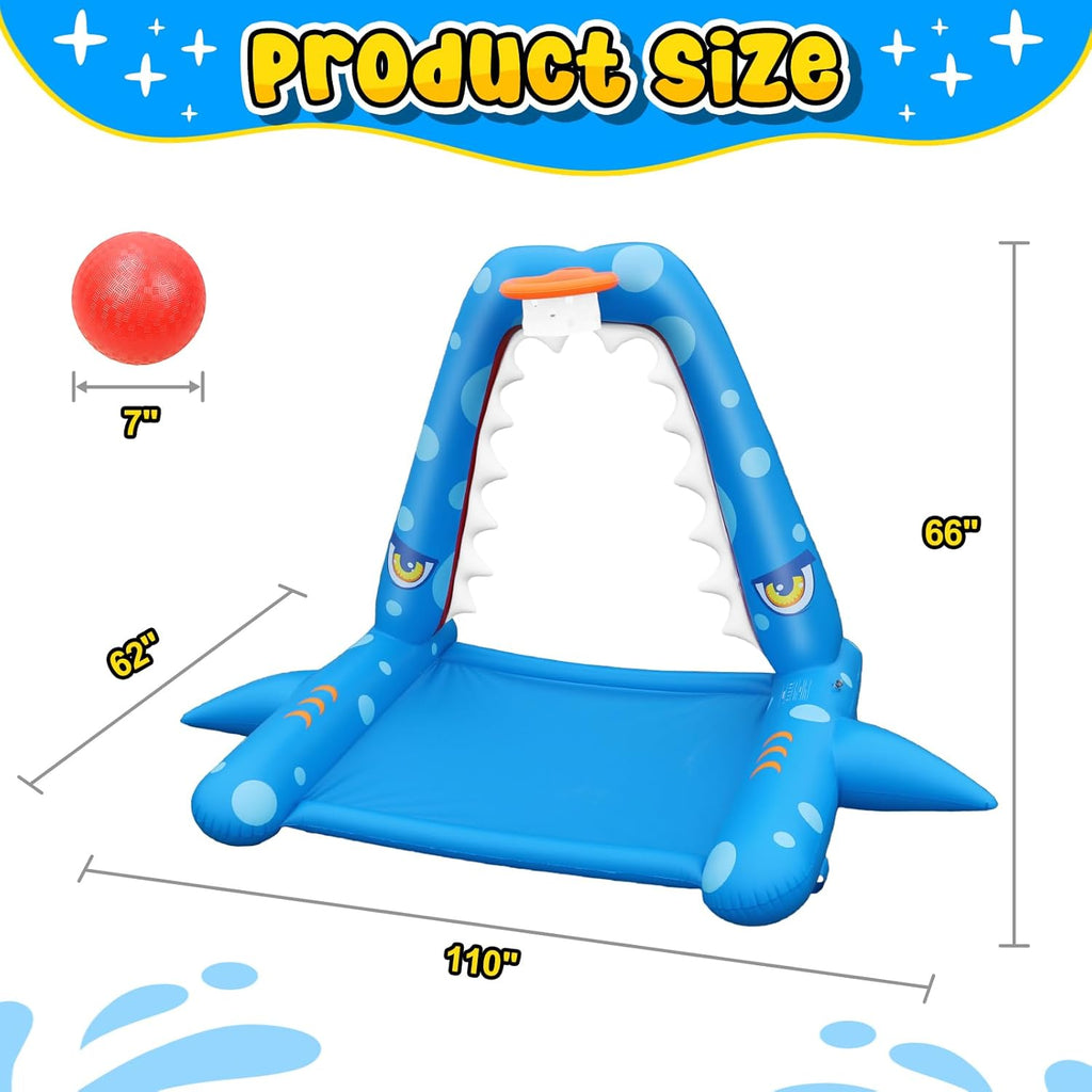 Sprinkler for Kids Outdoor Play, Giant Inflatable Shark Water Toys Splash Pad with Basketball Hoop, Fun Sprinkler