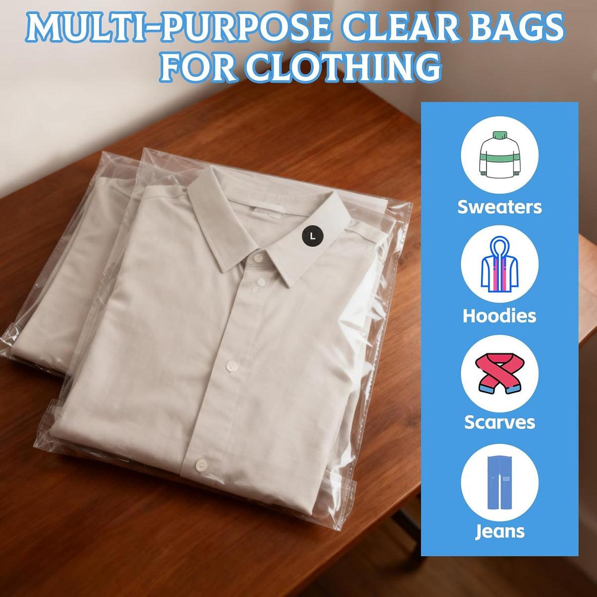 200 Set 10"x13" T-Shirt Packaging Bags with Cardboard Inserts and Clothing Size Stickers, Thick Clear Plastic