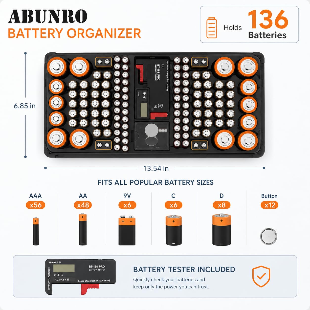 Battery Organizer Storage Case with Tester, Holds 136 Batteries | AA AAA C D 9V & Button Cell Slots Clear Locking Lid
