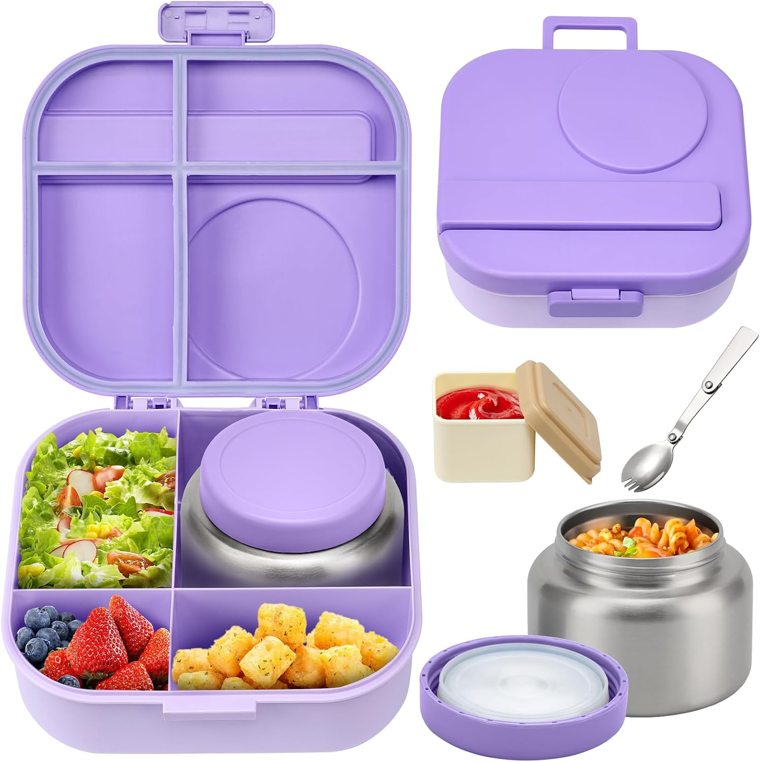 Bento Lunch Box with 12oz Soup Thermo,4 Compartments Lunch Box Containers, Spoon&Sauce Jar, BPA Free&Leak
