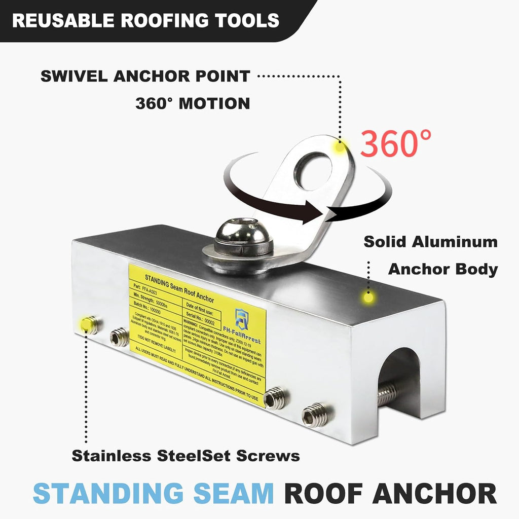 Fall Protection Standing Seam Roof Anchor Clamp with 360° Swivel Point | Fall Arrest Roofing Harness Safety Kit |