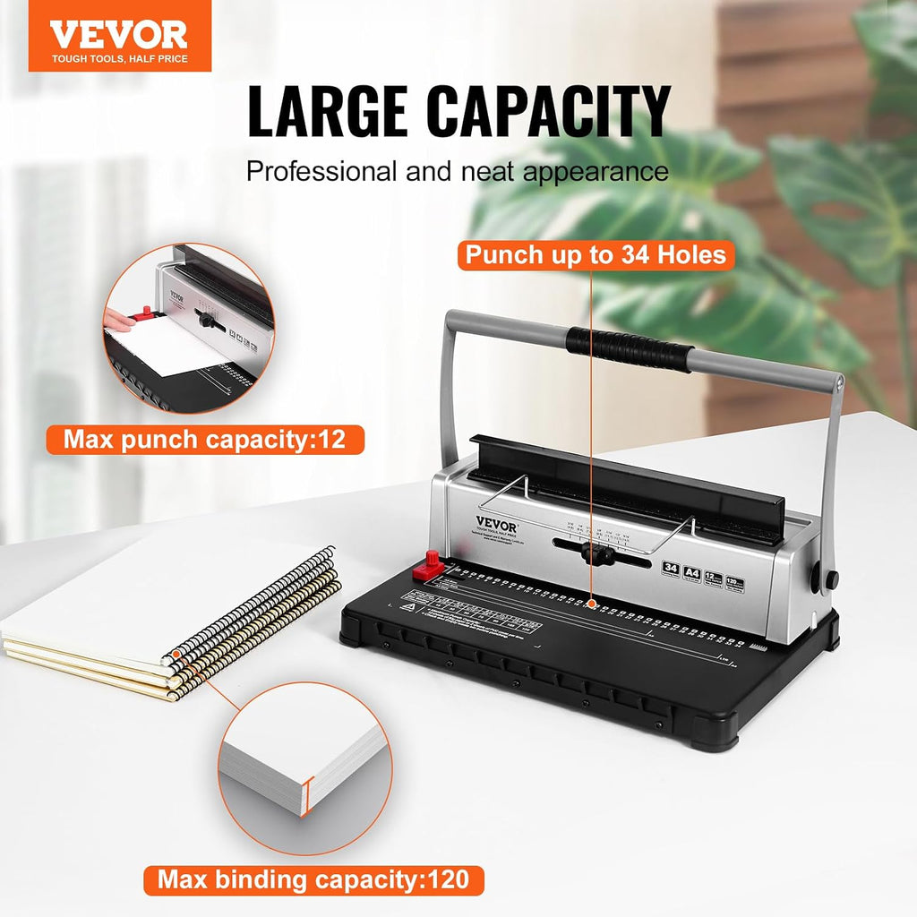Coil Binding Machine, Manual Book Maker 34-Holes Binding 120 Sheets, Punch Binder with Adjustable Side Margin