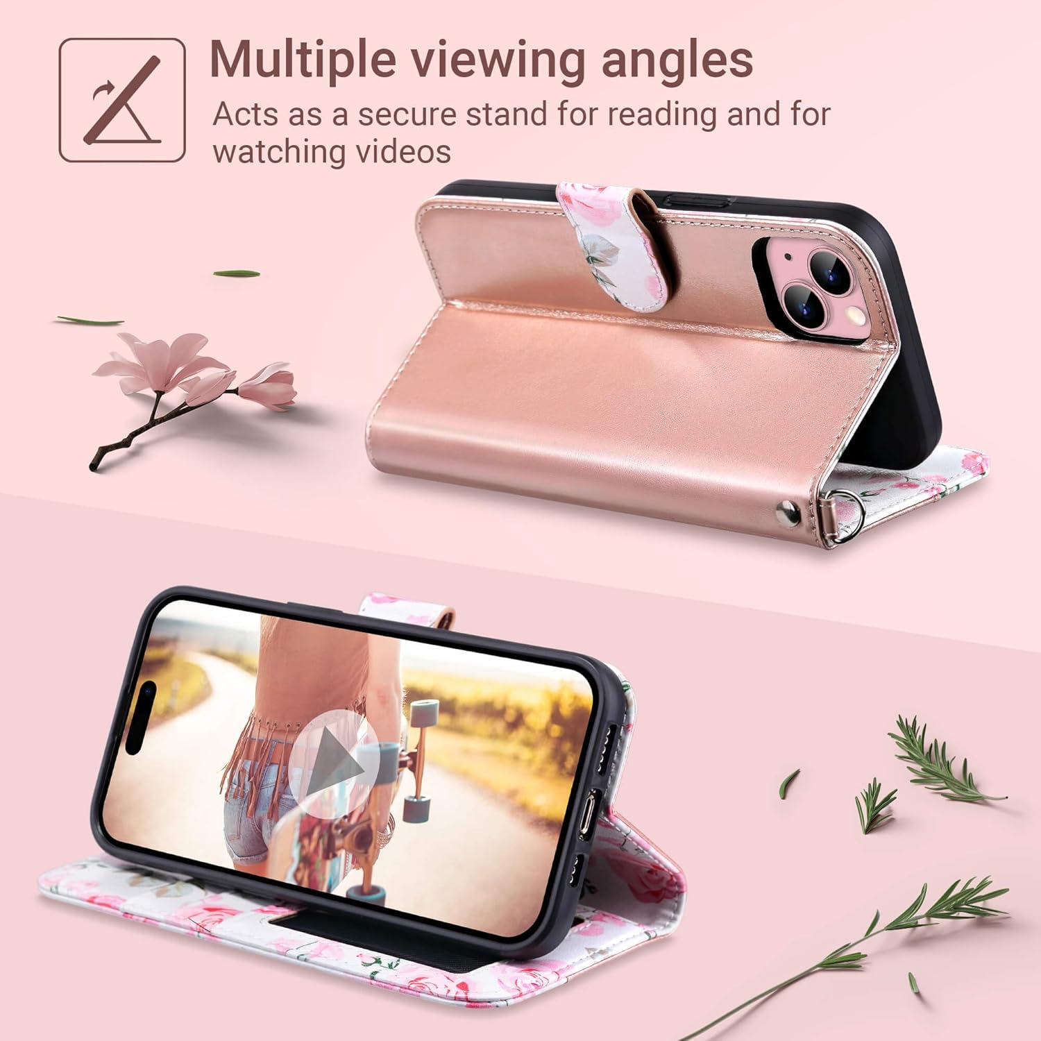 Compatible with iPhone 15 Wallet Case for Women, Premium PU Leather Floral Flip Cover with Card Holder, Kickstand