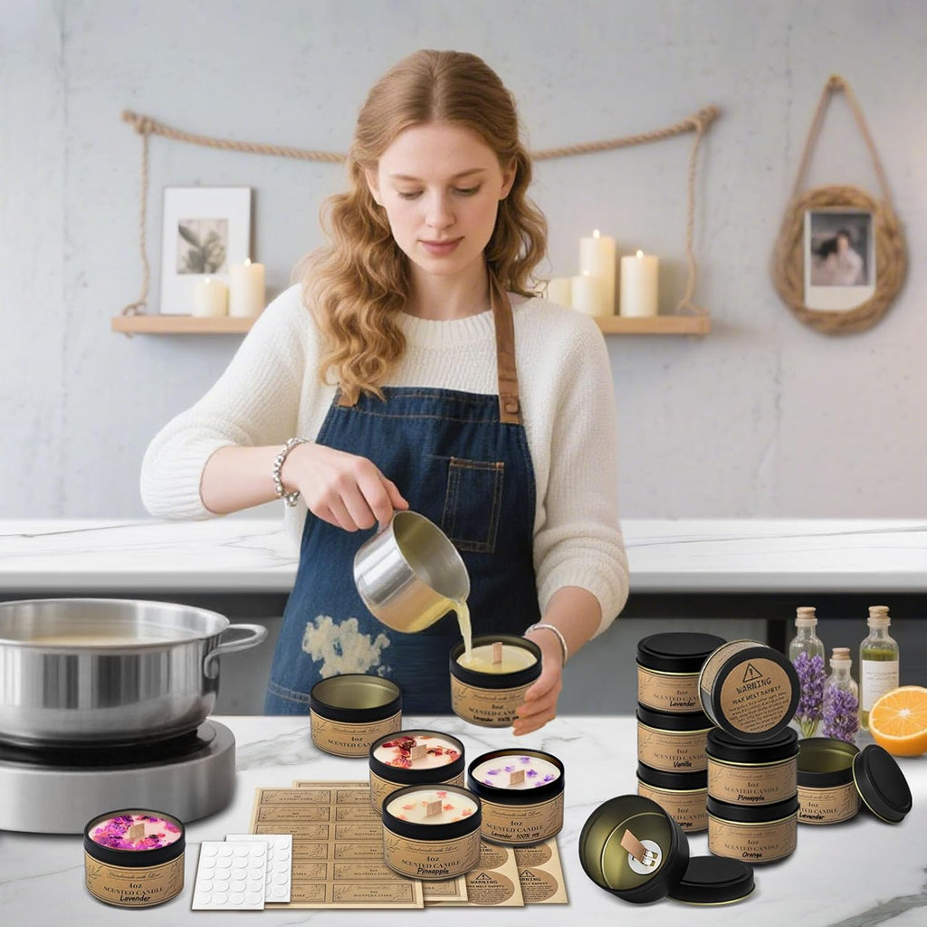 4oz Candle Tins with Lids, 24 Set DIY Candle Making Kit Includes Bulk Tins, Wood Wicks, Stickers, Wick Holders &