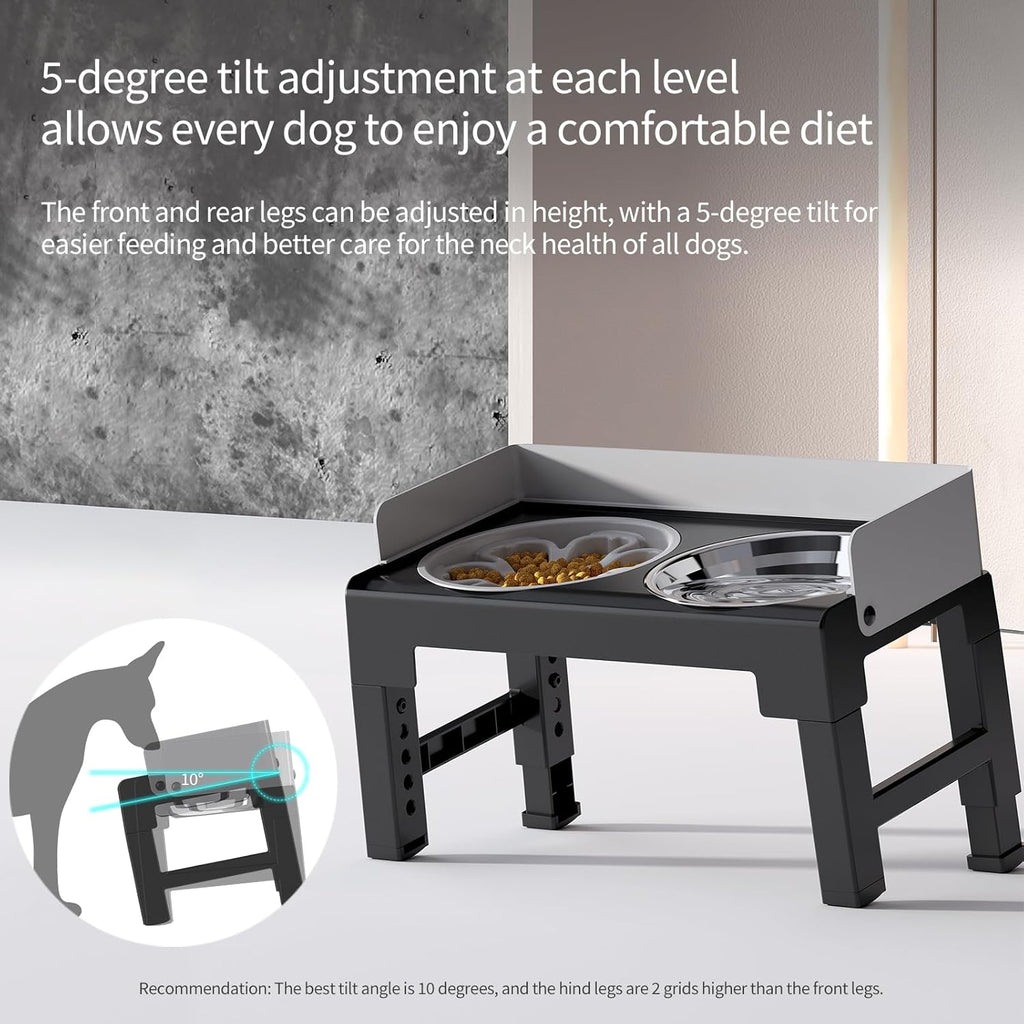 Elevated Dog Bowls, Spill Proof, Tiltable Dog Feeder with 1 Slow Feeder Bowl &1 Stainless Steel Bowl, 6 Height
