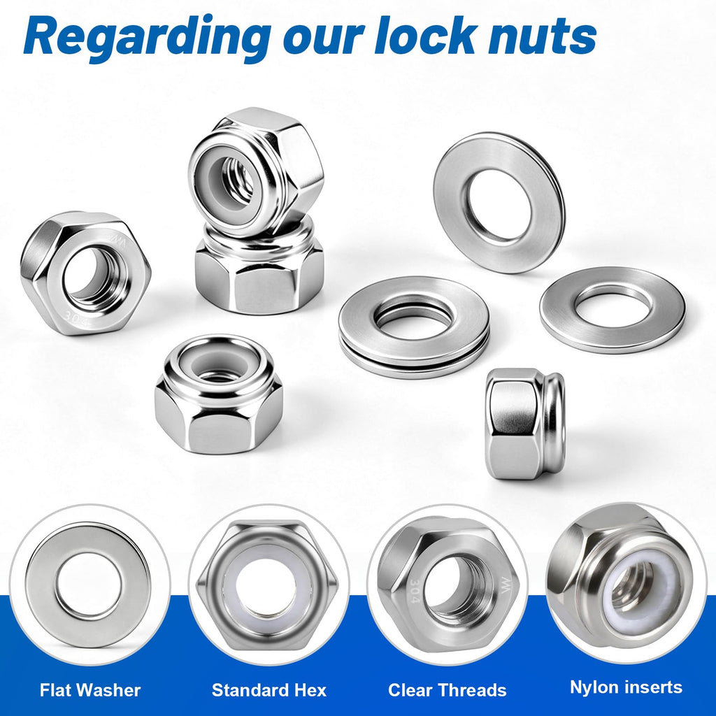 DFDU #10-24 Lock Nut 320Pcs Stainless Steel Nylock Locking Nuts with Washer