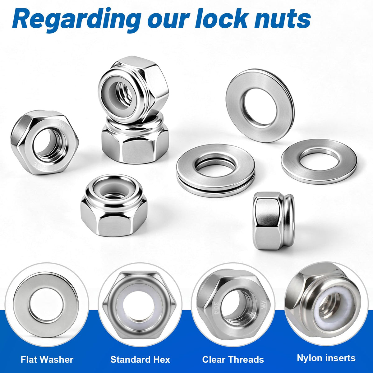 DFDU #10-24 Lock Nut 320Pcs Stainless Steel Nylock Locking Nuts with Washer