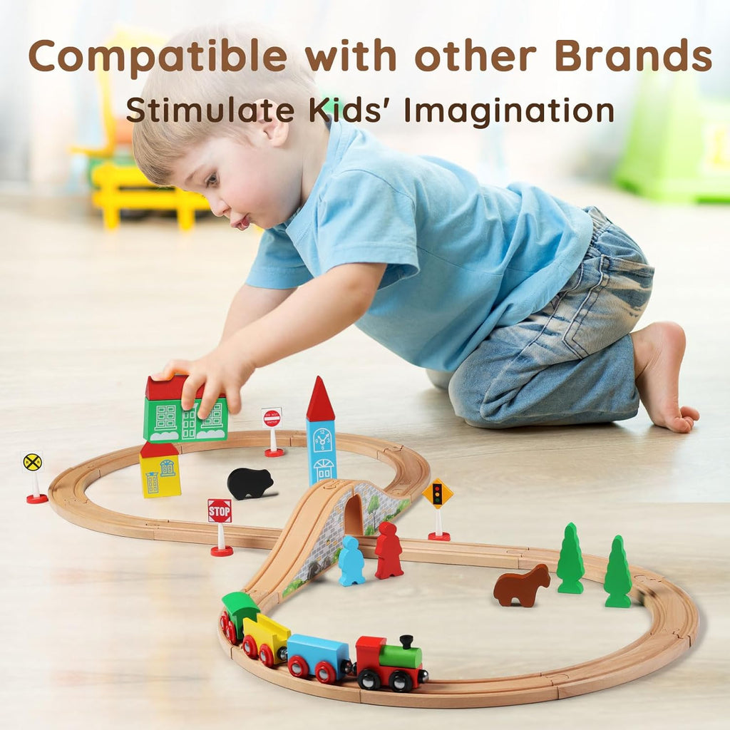 Wooden Train Set for Toddler with Double-Side Train Tracks Fits Brio, Thomas, Melissa and Doug, Kids Wood Toy Train