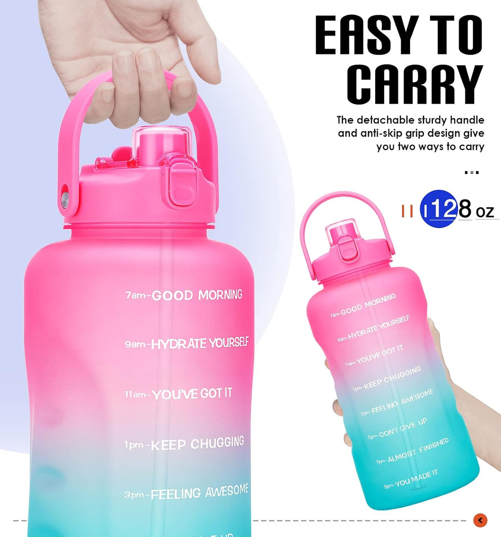 1 Gallon Water Bottles with Straw, 128 oz Water Bottle BPA Free Innovative 2-IN-1 Lid Gym Bottle with Times to Drink
