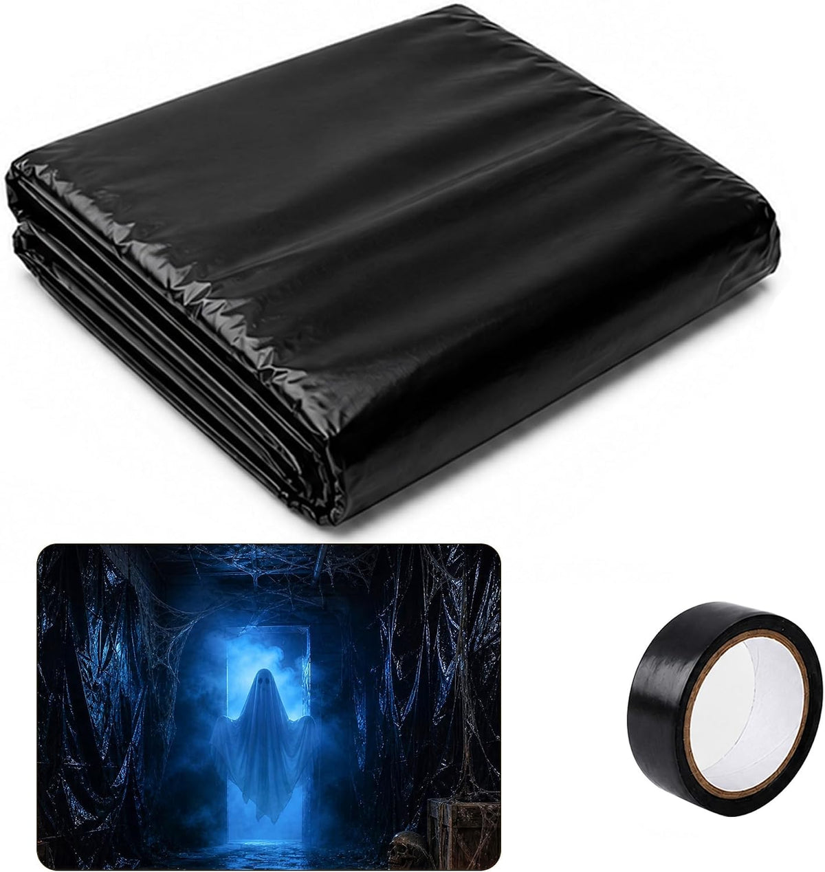 49 x 10 Ft Halloween Black Plastic Sheeting, Spooky Backdrop Decoration Kit