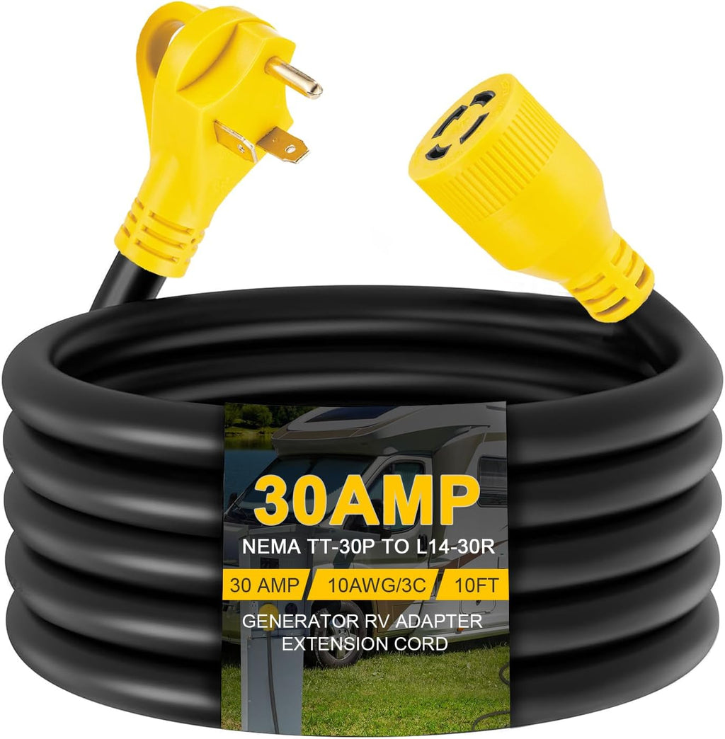 10ft NEMA TT-30P to L14-30R Generator Transfer Switch Adapter Cord | 3 Prong 30 Amp RV Generator TT-30 Male Plug to 4