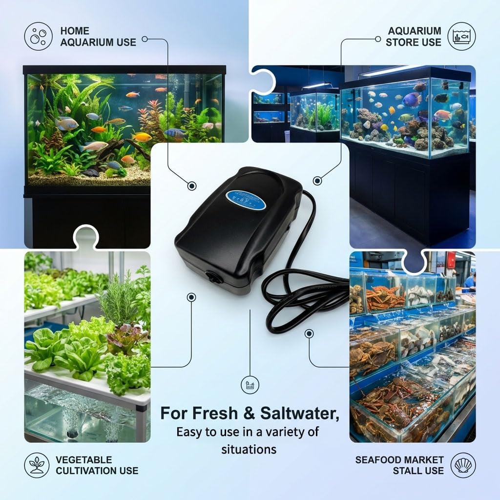 Aquarium Air Pump, Fish Tank Bubbler with Adjustable Airflow & Dual Outlets, Ultra Quiet Energy Saving Fish Tank