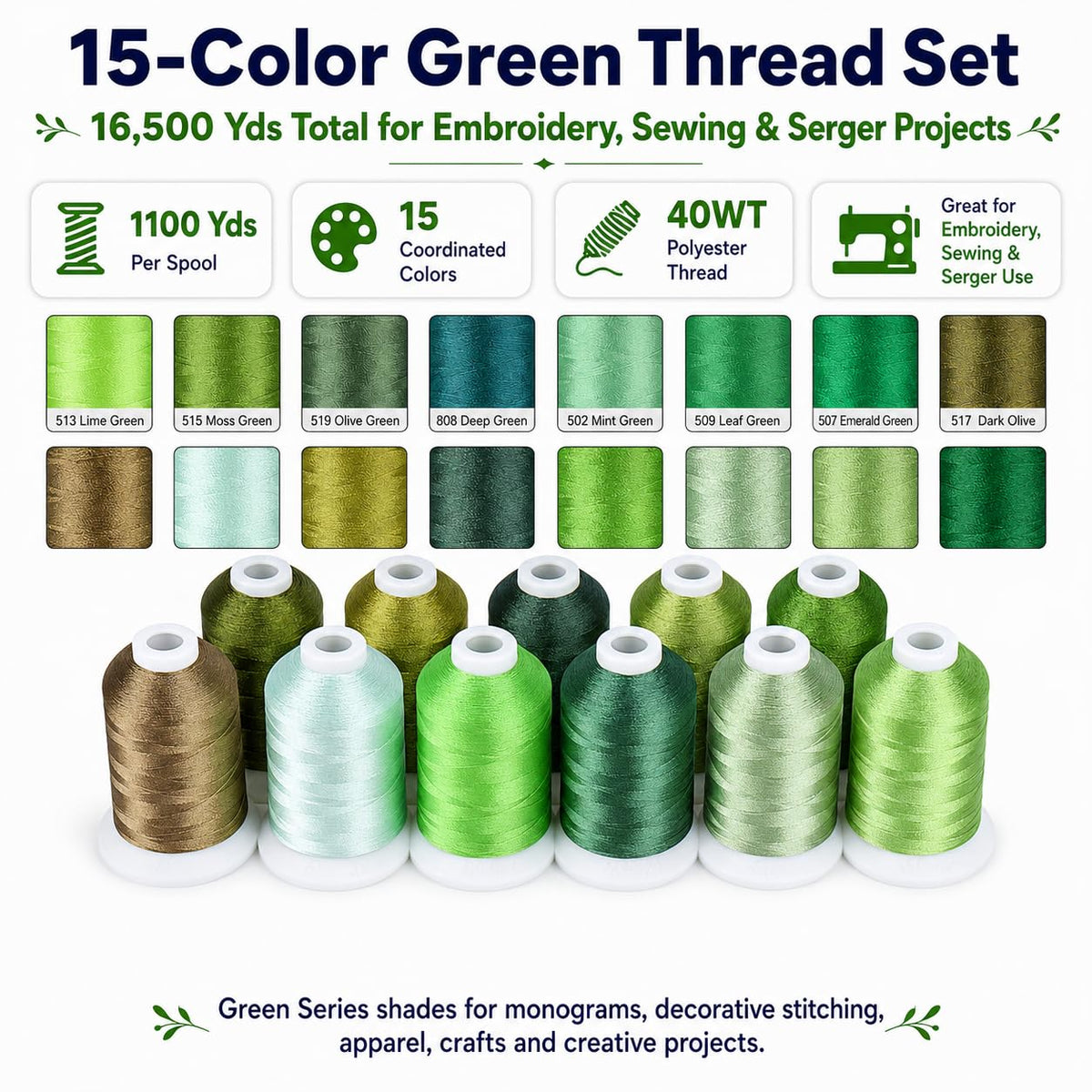 15-Color Polyester Machine Embroidery Thread Set, Green Series