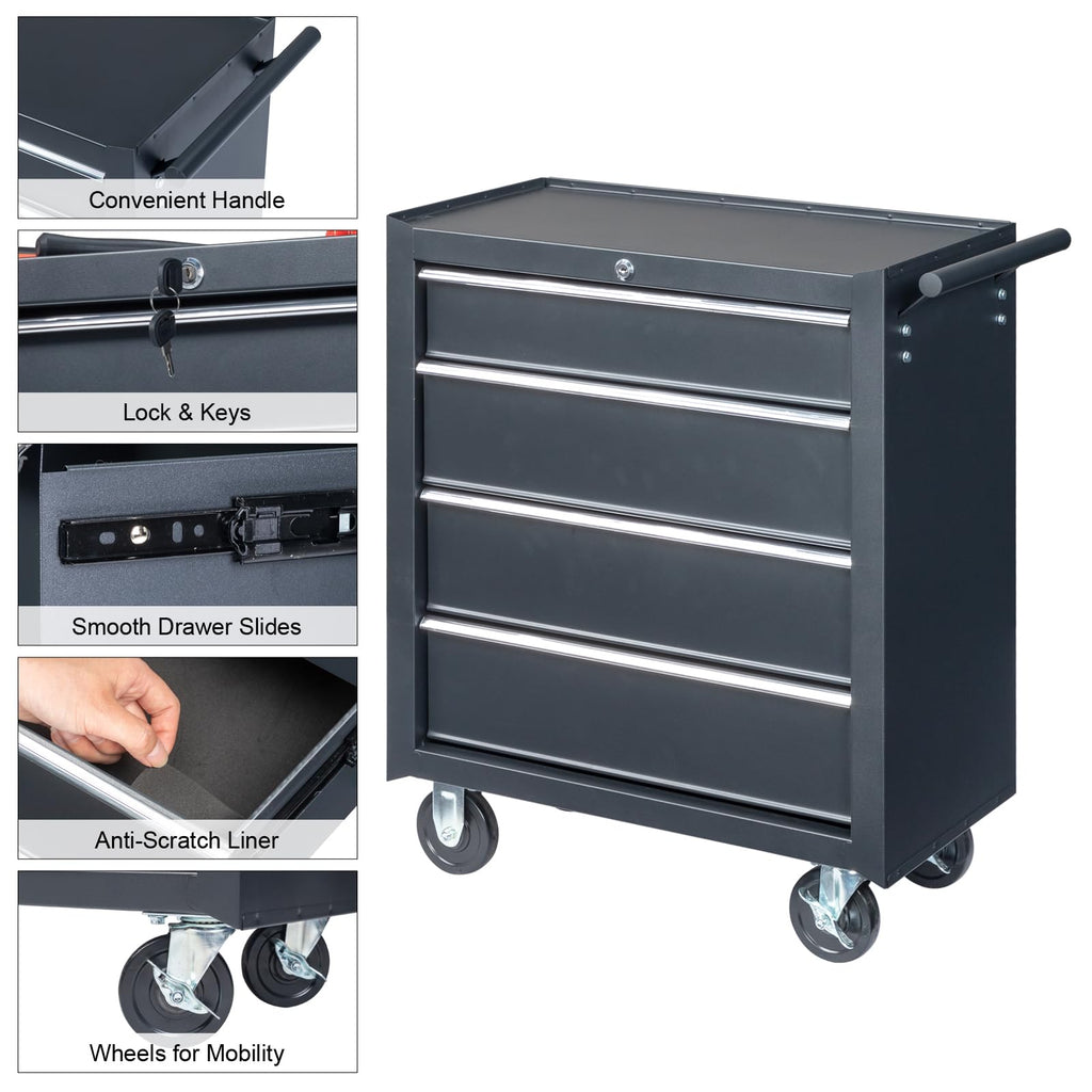 4 Drawer Rolling Tool Cabinet, Lockable Steel Tool Chest, Black