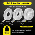 Nano Double Sided Tape Heavy Duty, 3 Rolls Mixed Width 0.39/0.79/1.18 Inch, Total 29.55FT Removable Clear Mounting